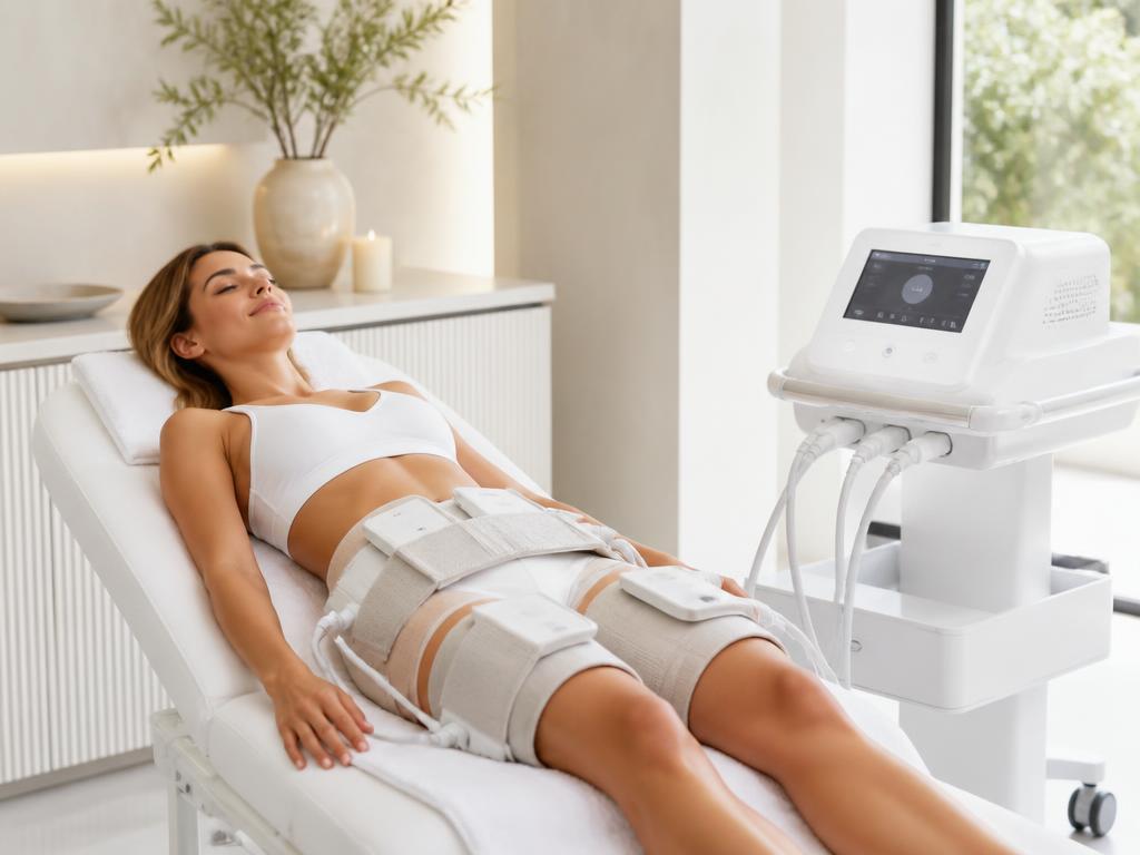 Client relaxing during an Arasys body contouring session with conductive pads applied
