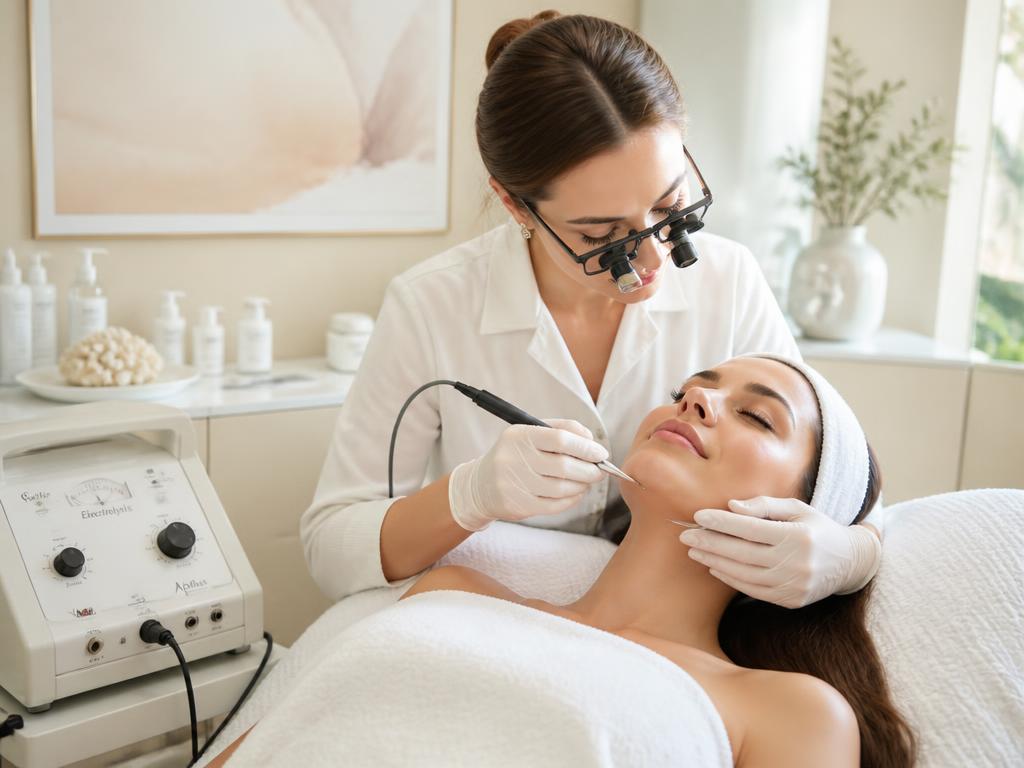 Esthetician performing an electrolysis treatment with a fine probe and professional epilator