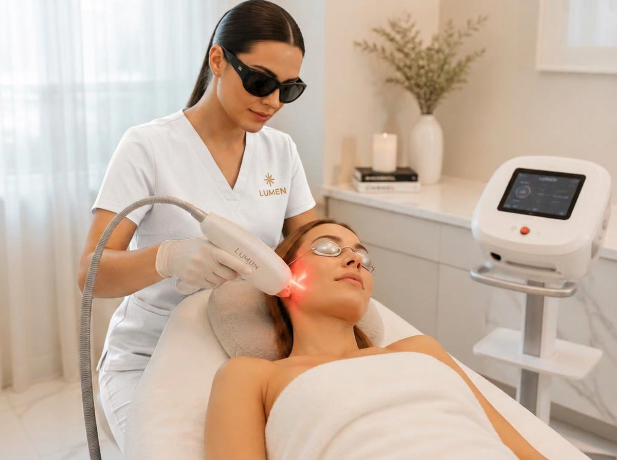 Karis red laser toner machine and handpiece delivering red laser light to a client's face during a nano therapy facial