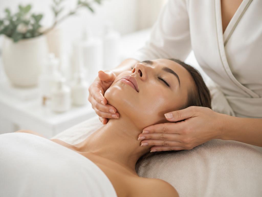 Gentle lymphatic drainage massage along a relaxed client's neck and jawline