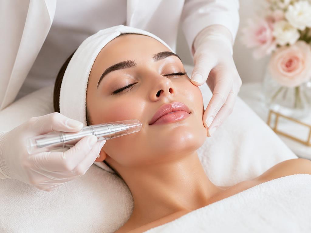 Needle-free serum infusion applicator being used along a client's cheek and lips