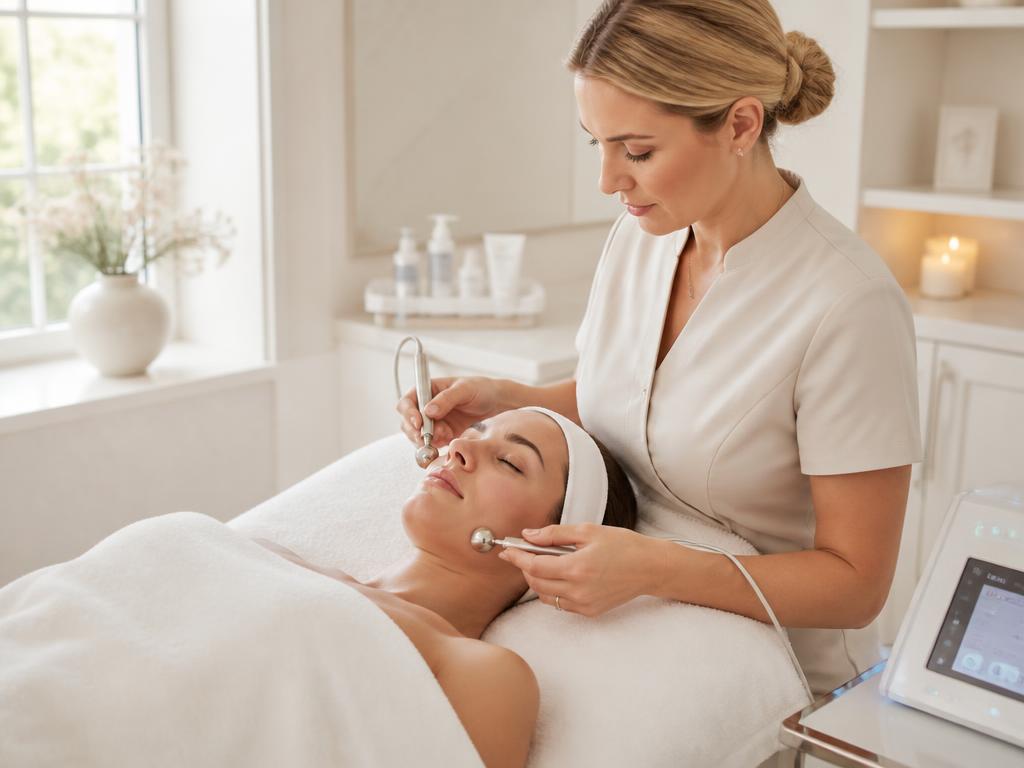 Esthetician using microcurrent probes to lift and tone a client's cheek and jawline