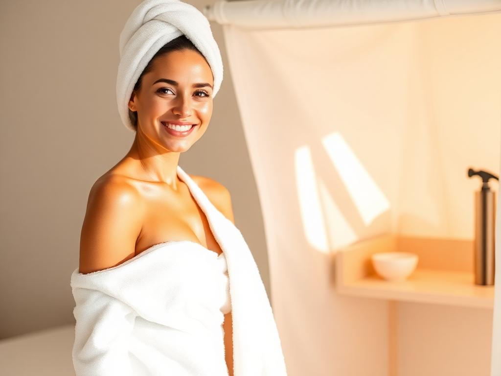 Client with a smooth, even sunless tan glow in a bright spray tanning studio